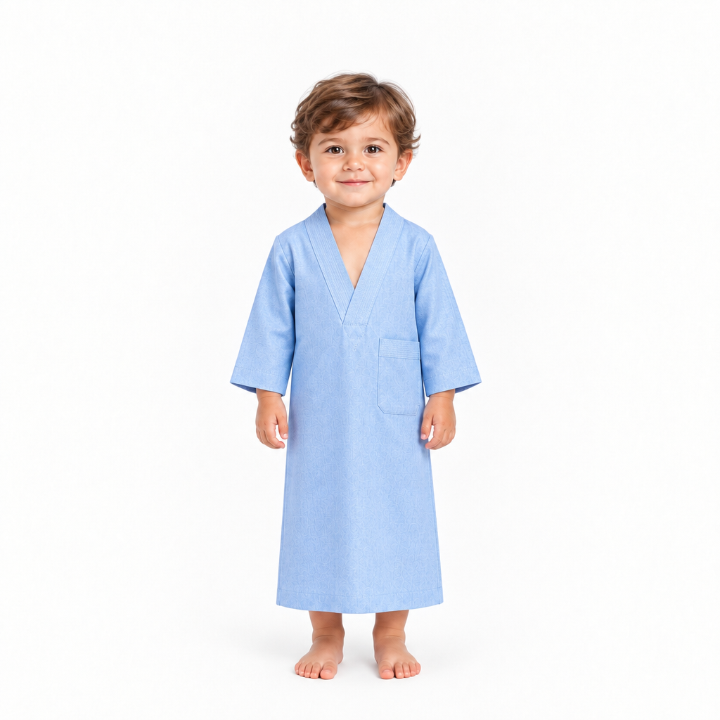 3-year-old child wearing the light blue sleep galabiya on a white background