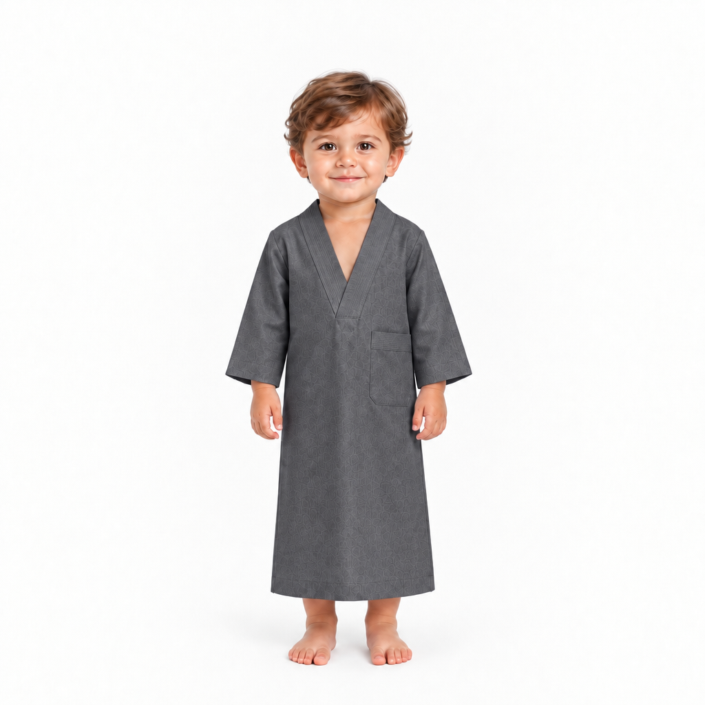 Dark grey sleep galabiya on a 3-year-old, white background