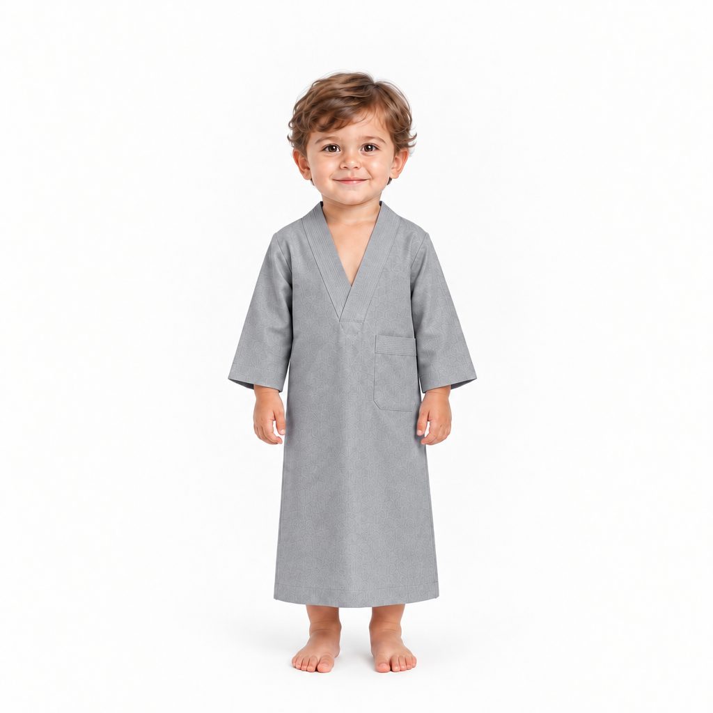 Grey sleep galabiya on a 3-year-old, white background