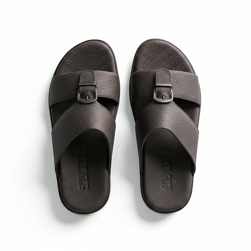 صندل جلدي أسود بإبزيم فضي