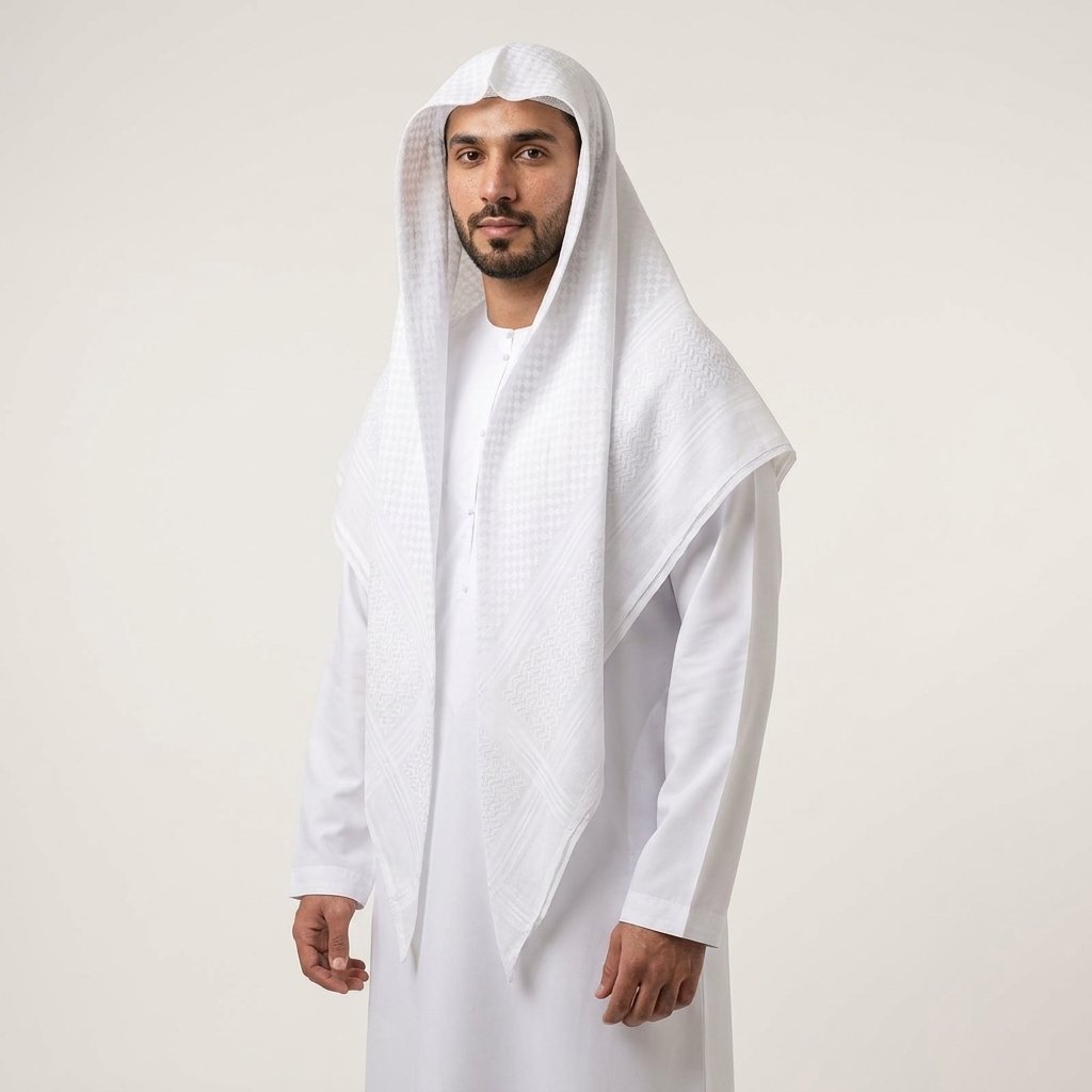 إطلالة بالشماغ الأبيض مع كندورة بيضاء